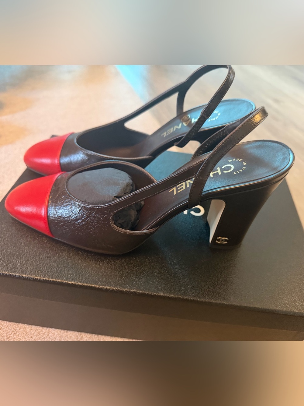 CHANEL COCO 90MM SLINGBACK Brown Leather with Red Cap Toe - Picture 3 of 9
